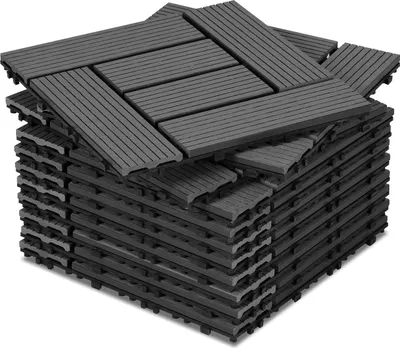 Produktbild von Izrielar WPC Terrassenfliesen, 30x30 cm, 11er Spar Set für 1m², Anthrazit in Holzoptik, für Garten Balkon Bodenbelag mit Drainage und Klicksystem