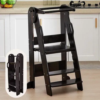 Produktbild von Klappbarer Küchenhocker schwarz mit Rückenlehne Leder