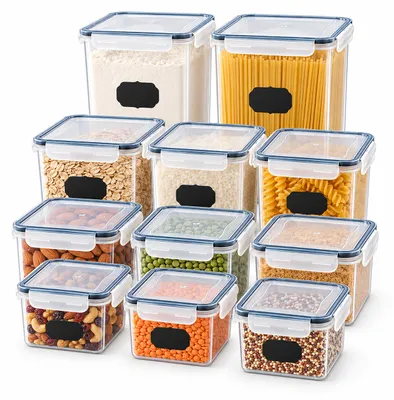 Image de Relaxdays, ensemble de 11 boîtes de conservation, différentes tailles, couvercles hermétiques à clapet, étiquettes incluses, contenants transparents pour aliments, Image générée par une IA