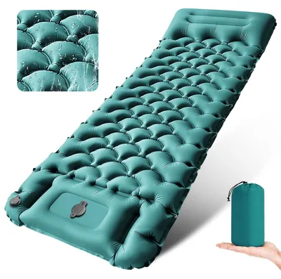 Productafbeelding van Campingmatras Zelfopblazend - Ultralicht - Met kussen - Pauwblauw - 200 x 70 x 10 cm - Campingmatras kampeermatras - Kamperen en wandelen