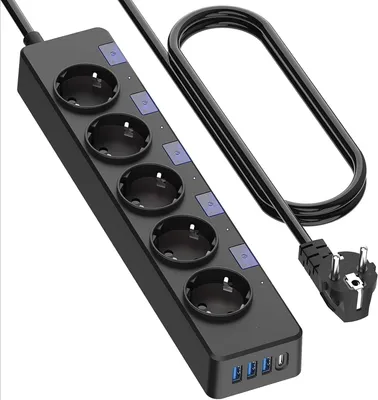 Produktbild von 5 Fach Steckdosenleiste Einzeln Schaltbar Mehrfachsteckdose mit  3M Kabel 1 USB-C und 3 USB-A Steckerleiste Überspannungsschutz (3680W/16A), Verteilersteckdose mit Kindersicherung für Zuhause Büro