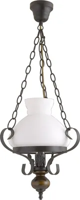 A hanging chandelier with a white glass shade and dark metal accents.