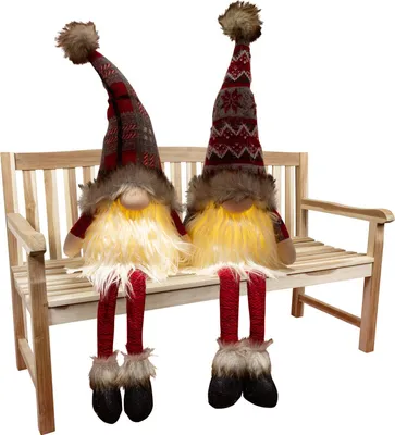 Produktbild von Weihnachten LED Deko Wichtel Figur Kanthenocker 25cm (60cm) leuchtend 2er Set rot-creme