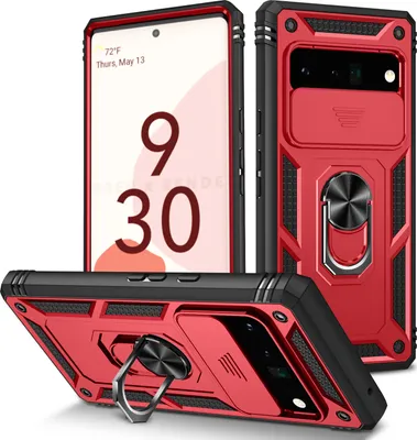 Produktbild von Google Pixel 6 Pro Hülle, Schiebe Kamera Schutz Robust Stoßfest Schutzhülle mit Ringhalterung Ständer Kartenhalter für Google Pixel 6 Pro Rot