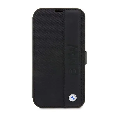 A black leather book-style phone case with the BMW logo.
