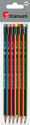 Image de Set de 6 crayons HB avec gomme rayures noir fluo Titanum