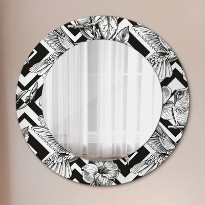 Produktbild von Ø50cm Spiegel - Glasrahmen mit Aufdruck - Wandspiegel Schlafzimmer - Kolibris