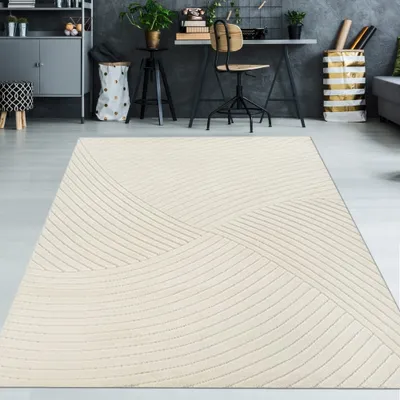 Image de Tapis de salon clair à poils bas avec motif de lignes spéciales en crème Taille - 133 x 190 cm
