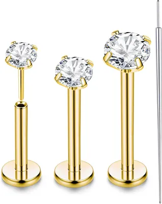 Zdjęcie produktu dla Zestaw 3 sztuk kolczyków labret, wykonanych z tytanu G23, w rozmiarach 16G/18G/20G, o długościach 2/3/4 mm i grubościach 6/8/10 mm, przeznaczonych do piercingu wargi, ucha i nosa