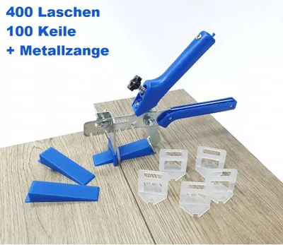 Produktbild von Fliesen Nivelliersystem Blau Fliesenstärke 3-12 mm Basis+-Set 1,5 mm 400 Laschen 100 Keile + Zange -Verlegesystem Fliesenverlegung Fliesenverlegehilfe Fliesenverlegesystem Fliesennivelliersystem