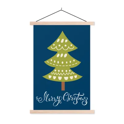 Produktbild von MuchoWow® Textilposter Weihnachtsbaum - Weihnachten - Zitate - Frohe Weihnachten - Tannenbaum - Blau 60x90 cm mit holzfarbenen Rahmen - Textil