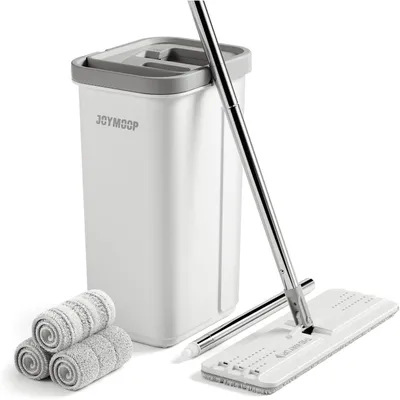 Immagine prodotto di Mocio e secchio con sistema di strizzatura, set di secchi piatti per mocio ideali per la pulizia dei pavimenti, pulitore per pareti con manico lungo, 3 panni in microfibra