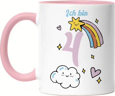 Produktbild von 4 Jahre alt Kindergeburtstag Tasse rosa süße Motive Kinder Milchkanne Happy Birthday Alles Liebe zum Geburtstag