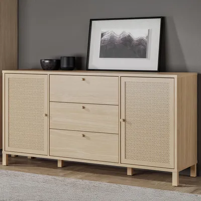 Produktbild von Forte SKELBIT Sideboard 160, große Kommode im Boho-Stil, 2-türig, 3 Schubladen, Holzwerkstoff, Wohn-/Schlafzimmer, Elegancia Eiche Holzdekor|Technorattan, 162,8 cm breit x 82,5 cm hoch x 42 cm tief