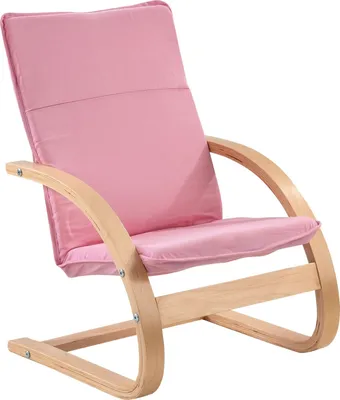 A pink upholstered chair with a wooden frame, shown against a white background.