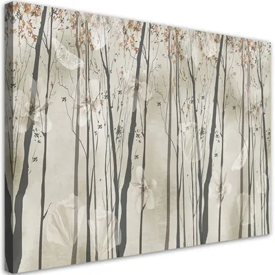 Produktbild von Leinwandbild Bäume, Blumen und Schmetterlinge 100x70 Feeby Beige bild für die wand bereit zum aufhängen