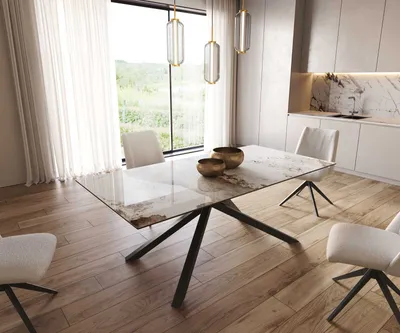 Produktbild von DELIFE Esstisch Edge 200x100 Keramik Minas Melange Weiß-Beige Kreuzgestell Rechteck Schwarz