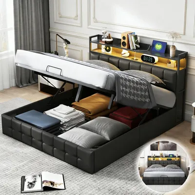 Obrázok produktu pre INONEFT Posteľ s pružinovou základňou, rozmer 140 x 190 cm, s USB portami a zásuvkami, dvojlôžko s úložným priestorom, čalúnená posteľ s LED osvetlením, umelá koža, čierna farba