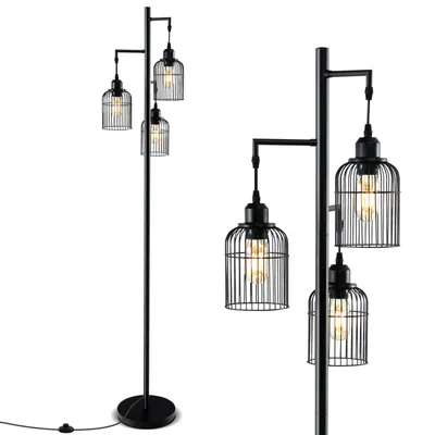 A black floor lamp with three cage-style lampshades is shown against a white background.