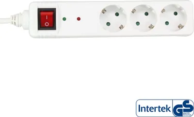 A white power strip with three outlets, a red power switch, and two indicator lights.