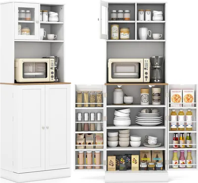 A white kitchen cabinet with glass doors and wooden accents, filled with various kitchen items.