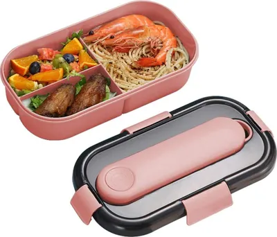Produktbild von Bento Box Auslaufsicher,Bento Box Mit 3 Praktischen Fächern, Lunchbox Nachhaltig Kinder, Lunch Box Mit Mikrowellenheizung, Lunchbox Kinder Auslaufsicher,Rosa