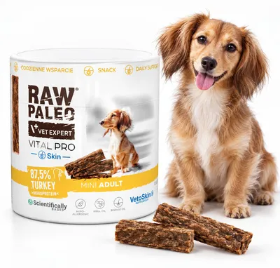 Obrázek produktu pro Pamlsek pro psy VetExpert RawPaleo VitalPro pro zdravou kůži a srst, kuřecí, mini balení, 100g, Obrázek vytvořený pomocí AI