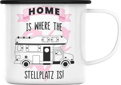 Produktbild von Trendation - Wohnwagen Camper Emaille Tasse Geschenke Wohnmobil für Männer Campingwagen Geschenkidee Zubehör Camping Opa Oma Rentner Lustig Grafik Home Is Where The Stellplatz Is (Schwarz)