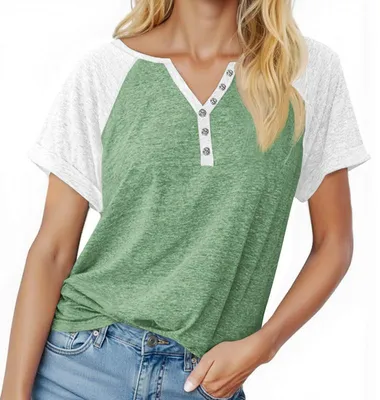 Produktbild von Kurzarm-Sommer-T-Shirt für Damen, Henley-Kragen, kontrastierende Raglanärmel,Größe:L