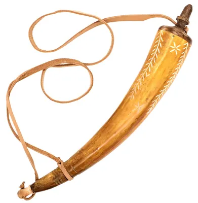 Produktbild von Geschnitztes Pulverhorn mit Lederriemen