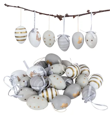 Produktbild von 24er Set Deko Eier Hängedeko Ostern Grau Gold Muster Ostereier zum Aufhängen Osterdeko Dekoration