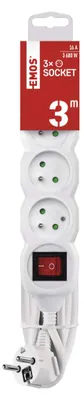 Prodlužovací kabel 3 m / 3 zásuvky / s vypínačem / bílý / PVC / 1,5 mm2