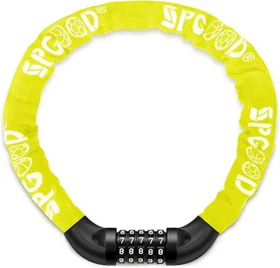 Zdjęcie produktu dla Zamek do łańcucha rowerowego Unyqoos® z 5-cyfrowym kodem – hartowane ogniwa ze stali o grubości 7 mm, długość 830 mm, waga 750 g, kolor żółty, wysoki poziom bezpieczeństwa