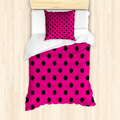 Produktbild von ABAKUHAUS Hot Pink Mantele, Pop-Art inspiriert Dots, Milbensicher Allergiker geeignet mit Kissenbezügen, 135 cm x 200 cm - 80 x 80 cm, Hot Pink Schwarz