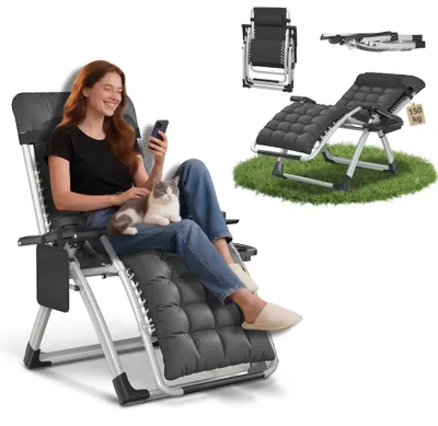 Obrázek produktu pro TRMLBE Sklopné lehátko do zahrady s nastavitelným opěradlem, držákem na nápoje, ergonomické relaxační lehátko do zahrady, na balkon a terasu, černé