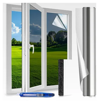 Produktbild von Fensterfolie Sonnenschutzfolie Innen - 60x200 cm - Spiegelfolie für Sichtschutz, selbstklebend, UV-Schutz, Silber Hitzeschutzfolie für Zuhause und Büro