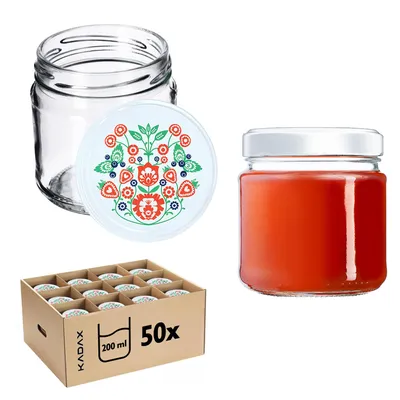 Produktbild von KADAX Einmachgläser mit Deckel "Lerma", Einweckgläser, 200 ml, 50 Stück, Deckel mit Folkloremuster