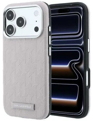 Image de Coque pour iPhone 18 Pro / 17 Pro, Karl Lagerfeld, motif grainé, logo en résine, compatible MagSafe, couleur rose