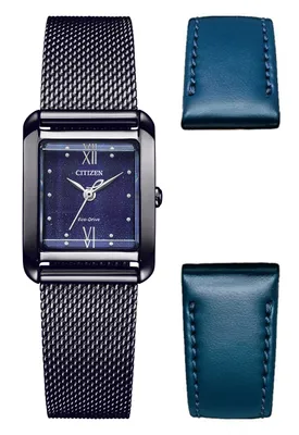 A square-faced women's watch with a mesh band and two blue leather straps, presented on a white background.