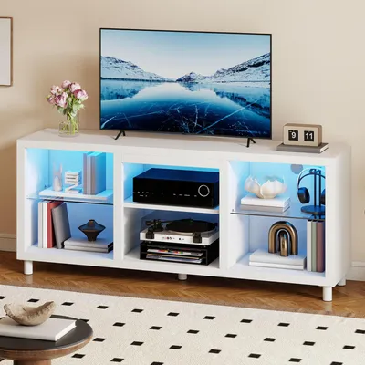 Produktbild von TV-Schrank für 55/60/65-Zoll-Fernseher mit LED-RGB-Beleuchtung, offenes, verstellbares Glasregal 148 x 35 x 60 cm