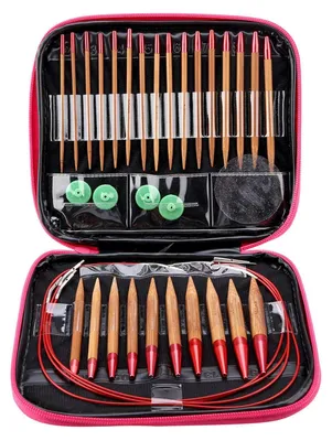 Produktbild von Set aus Rundstricknadeln aus Bambus, austauschbar, karbonisiert, mit grundlegenden Strickwerkzeugen und Zubehör aus Aluminium.