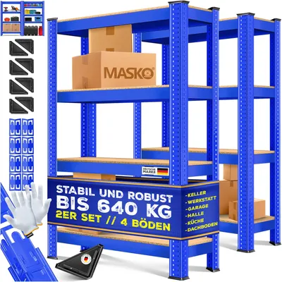 Produktbild von MASKO® 2er-Set Lagerregal Schwerlastregal, Kellerregal, verstellbare Ablagen, MDF-Platten Regal aus Metall, Steckregal, Werkstattregal, Keller, Garage