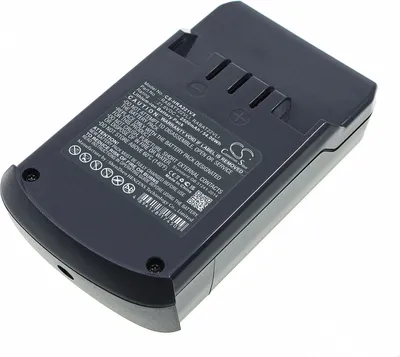 A black rechargeable battery pack shown from a slightly elevated angle.