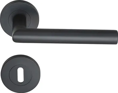 A black door handle set with a keyhole escutcheon, presented against a white background.