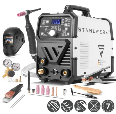 Produktbild von STAHLWERK Schutzgasschweißgerät 2-in-1 Kombi DC WIG 200 Puls Pro – Vollausstattung – WIG & MMA bis 200 A, Dünnblech, Stahl, Edelstahl, Kupfer, Messing
