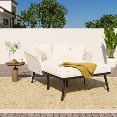 Produktbild von Flieks Gartensofa 2 Personen, Gartenmöbel-Sets Klein, Gartenloungeset Terassenmöbel 2 Sitzer, Balkonmöbel Set Gartenlige Sonnenliege mit Kissen, Beige