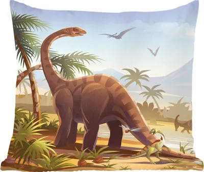 Produktbild von MuchoWow® Zierkissen Sofakissen Wohnzimmer Dekokissen 60x60 cm Dinosaurier - Landschaft - Tropisch - Kinder - Jungen - Sitzfläche - Foto Polster