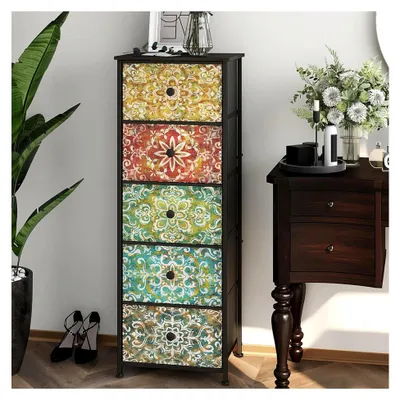 Produktbild von Schmale Kommode mit Stoffschubladen im Böhmischen Design für Schlafzimmer, Wohnzimmer und Flur (5 Schubladen, 42 cm Breite)