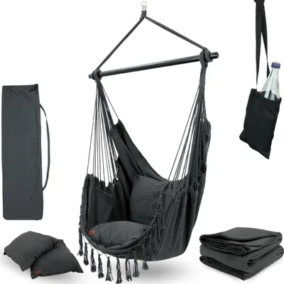 Produktbild von deluxe4home® Hängesessel mit 2 Kissen Anthrazit + Kuscheldecke I Inkl. Getränkehalter und Bücherfach I Hängeschaukel bis 120 kg I Indoor Outdoor
