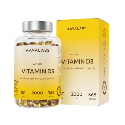 Produktbild von Vitamin D3 Hochdosiert Depot 2000 IU 365 Kapseln - Vitamin D3 2000 IE Mit kaltgepresstem nativem Olivenöl Extra für optimale Absorption | AAVALABS